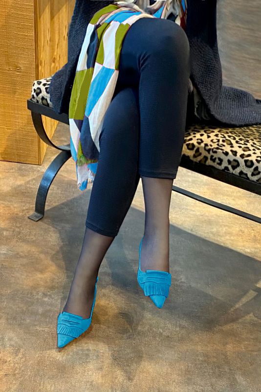 Turquoise blue women's slingback shoes. Pointed toe. Medium block heels. Worn view - Florence KOOIJMAN